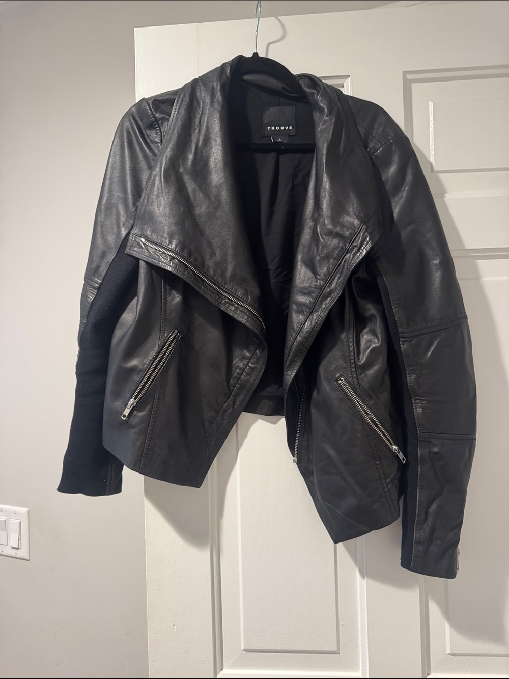 Trouve Black Draped Leather Moto Jacket